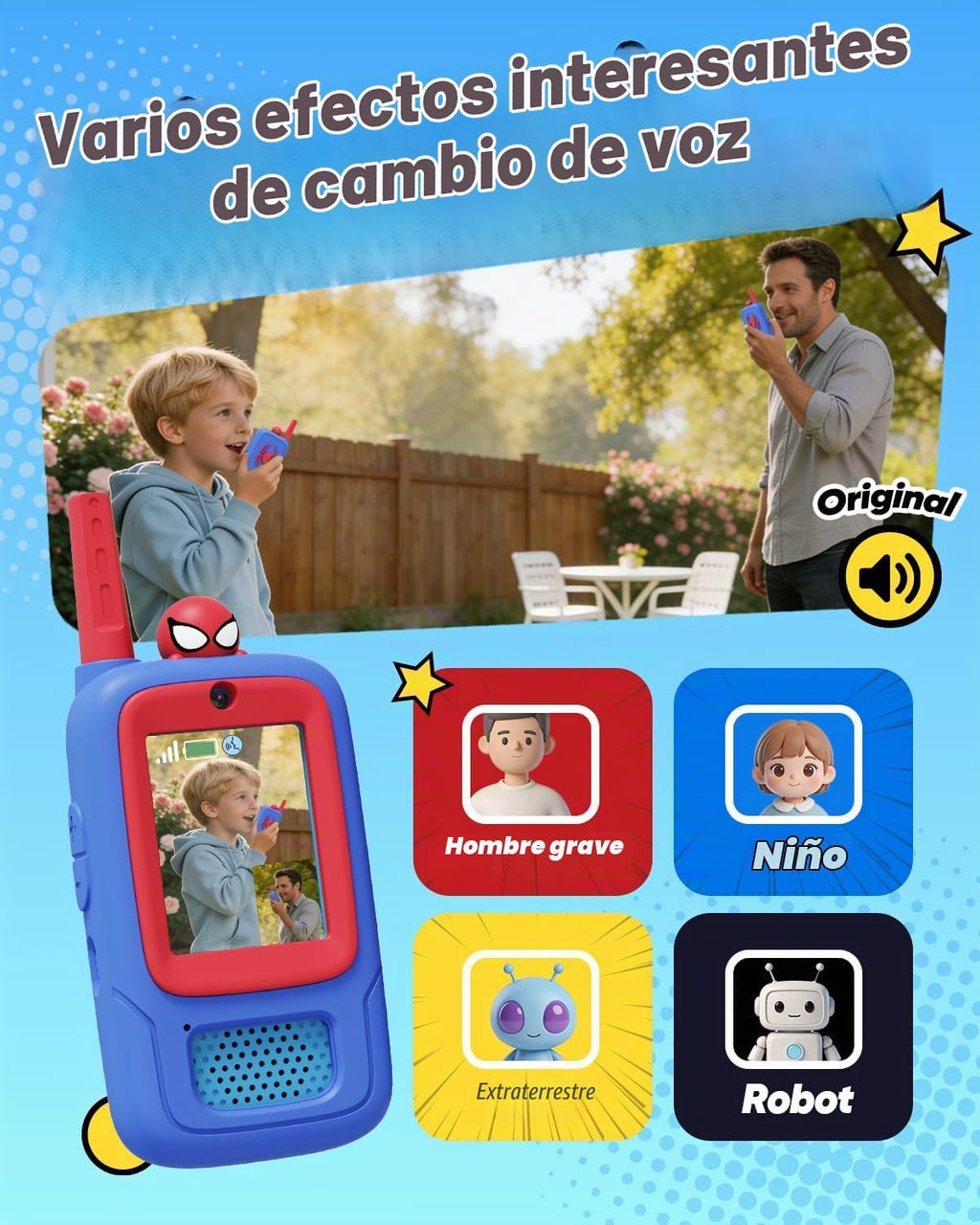 Paquete de 2 Walkie Talkies de video Spider Toys para niños con funda de