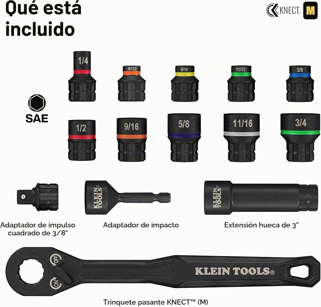 Klein Tools 65400 KNECT - Juego de llaves de vaso de paso de 15 piezas, juego de impacto SAE con funda MODbox, enchufes, brocas, accesorios y adaptador de unidad de 3/8 pulgadas