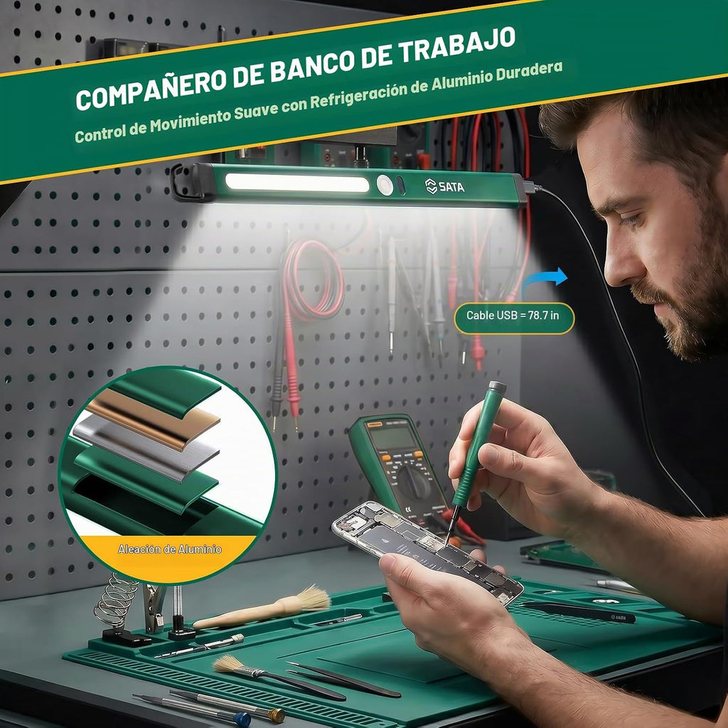 SATA Luz de inspección LED ultradelgada estilo regla con parte trasera magnética, 400LM, 2700mAh, luz de trabajo SMD recargable para debajo del capó, reparación automática, garaje, taller