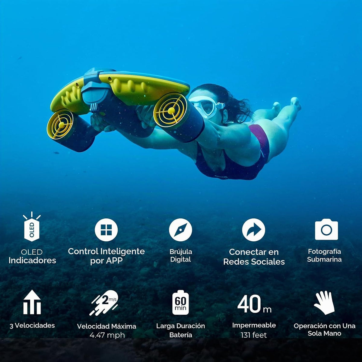 sublue Navbow Plus Smart Underwater Scooter con Depth Gauge, Temperature Sensor, Compass, Action Camera Mount, 131ft Waterproof para Diving & Snorkeling & Sea Adventures