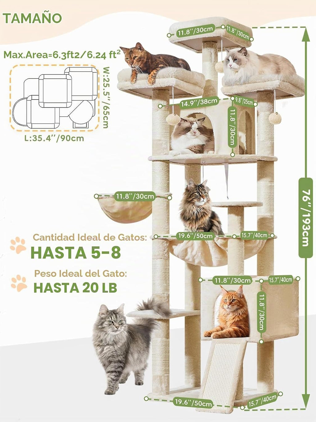 Taoqimiao Árbol para Gatos Alto, 76In Torre para Gatos Grandes, 3 Plataformas Acolchadas