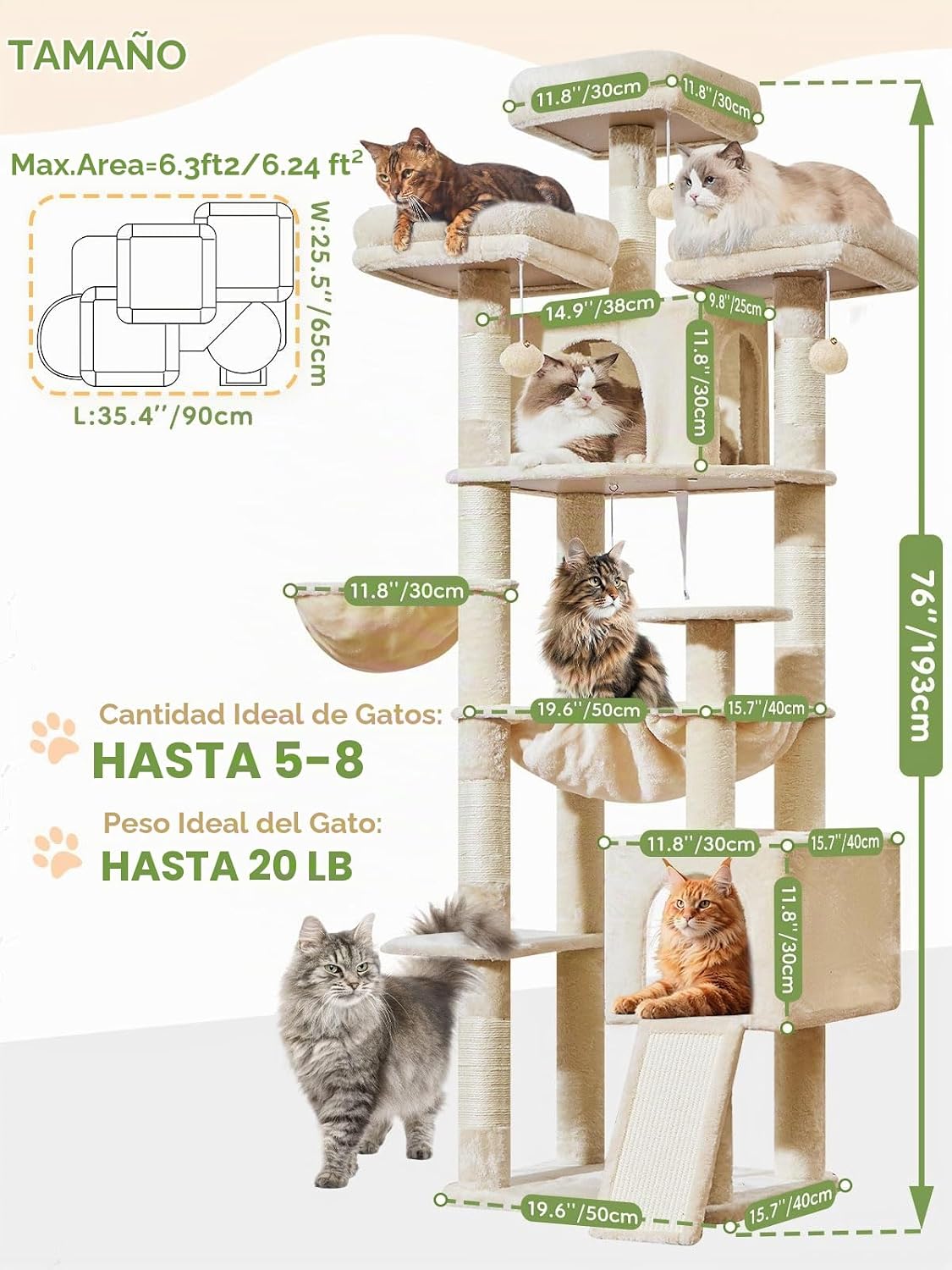Taoqimiao Árbol para Gatos Alto, 76In Torre para Gatos Grandes, 3 Plataformas Acolchadas