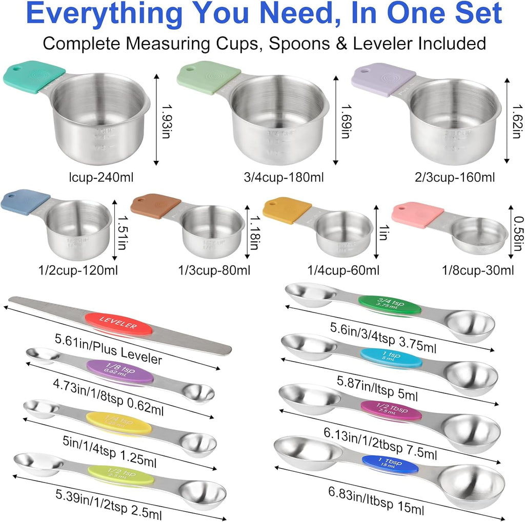 Juego de tazas y cucharas medidoras magnéticas, tazas de acero inoxidable