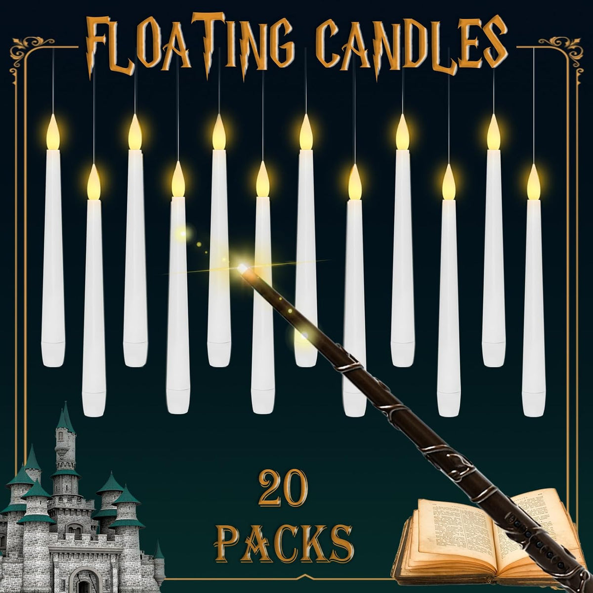 Lezonic - Velas flotantes con control remoto de varita mágica, paquete de 20 velas LED colgantes, velas cónicas parpadeantes sin llama con temporizador de 6 horas, velas que funcionan con pilas para Halloween, Navidad, fiesta, decoración del hogar
