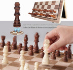 Juego de ajedrez de madera de 15", tablero de ajedrez y damas plegable magnético 2 en 1