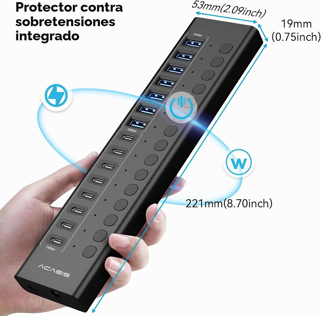 ACASIS, HB16Pro-BK, hub USB 3.2 de 16 puertos, alimentado, adaptador 5V/1.5A