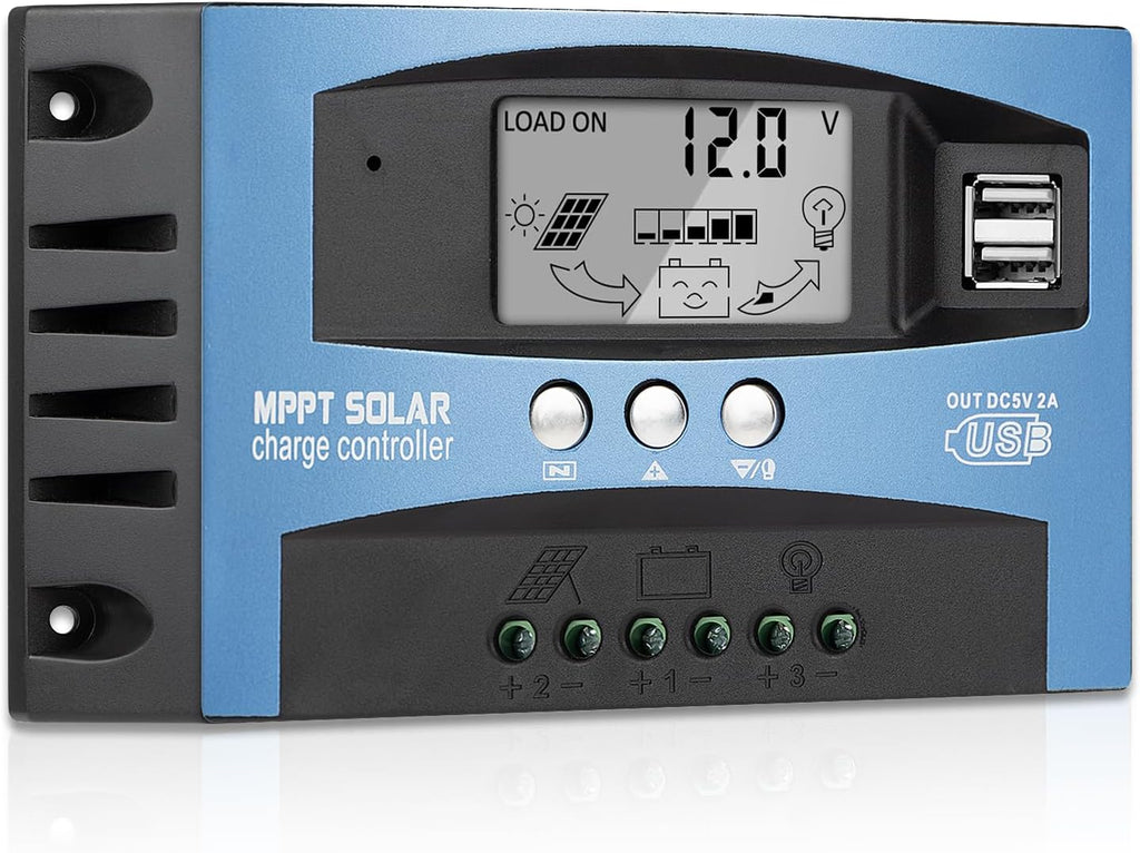 Controlador de carga de panel solar MPPT de 60 A, controlador de cargador de batería solar automático de 12 V/24 V con pantalla LCD, puerto USB dual y temporizador de ajuste de horas de