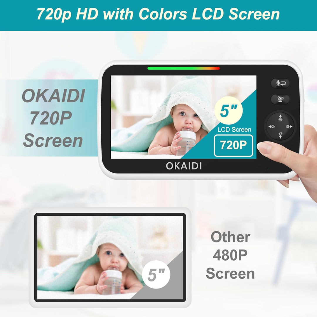 OKAIDI Monitor de bebé HD 720P de 5 pulgadas con cámara y audio, ba...