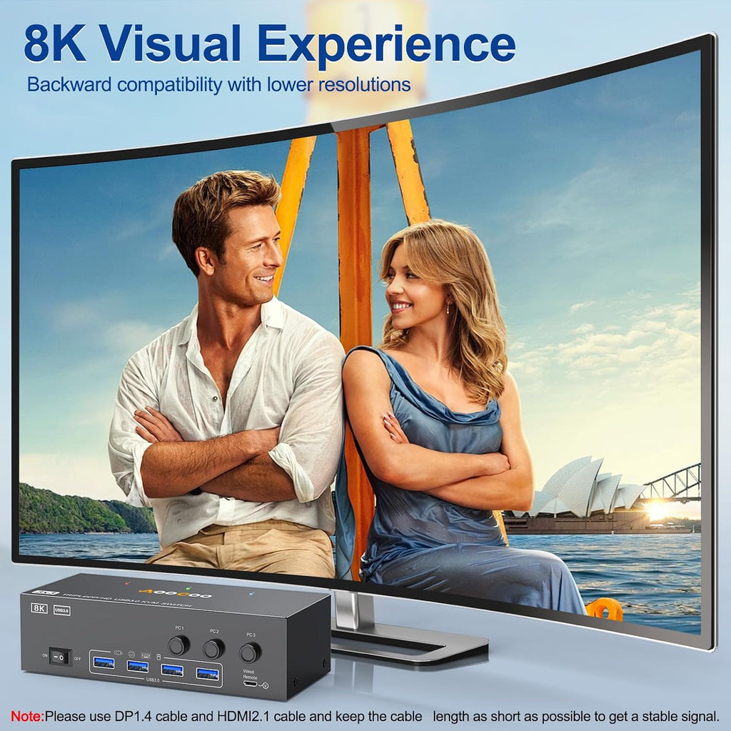 Conmutador KVM HDMI DP 3 monitores 3 computadoras, 8K @60Hz/4K @144Hz Conmutadores KVM de triple monitor para 3 PC compartiendo 3 monitores, teclado y ratón, con cables USB, controlador y adaptador de
