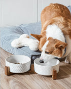 LE TAUCI - Juego de cuencos para perros con soporte de madera de acacia, cuencos de cerámica para cachorros de 1.8 tazas para perros pequeños, cuencos dobles para alimentos y agua con base