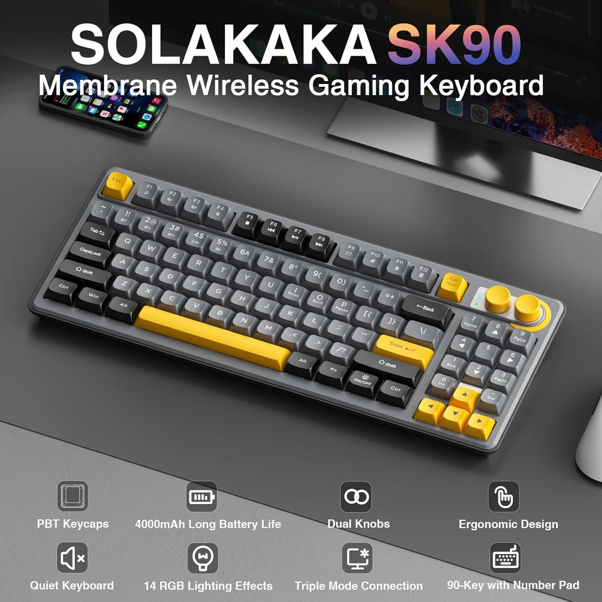 SOLAKAKA SK90 75% Teclado Inalámbrico para Juegos - 4000mAh Tri-Mod...
