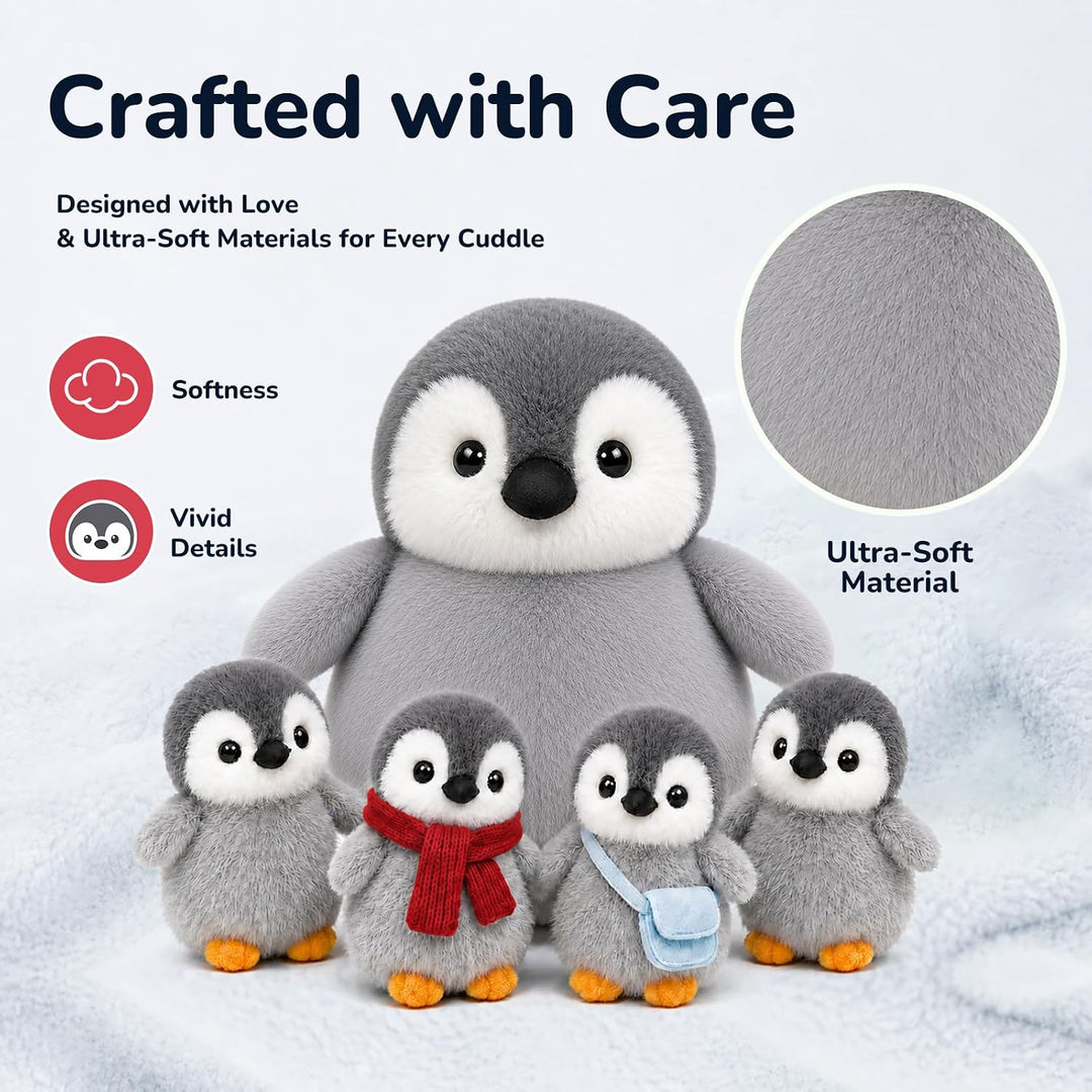 YIIQUWEN Juguete de peluche de pingüino, mamá pingüino con 4 pequeñ...