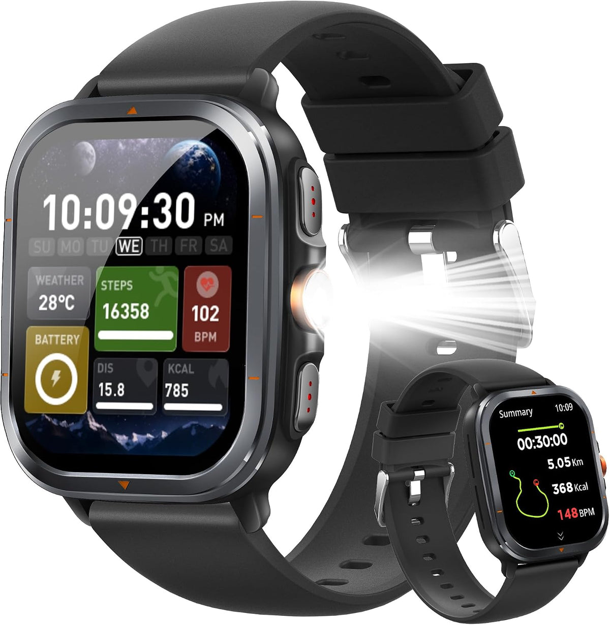 Relojes Inteligentes para Hombres con GPS/Brújula/Altímetro/linterna, Pantalla HD de 2.01", Monitor de Frecuencia Cardíaca 24/7, Presión Arterial, Seguimiento del Sueño, Monitor de Oxígeno en Sangre, 128 Modos Deportivos Fitness Tracker (Negro)