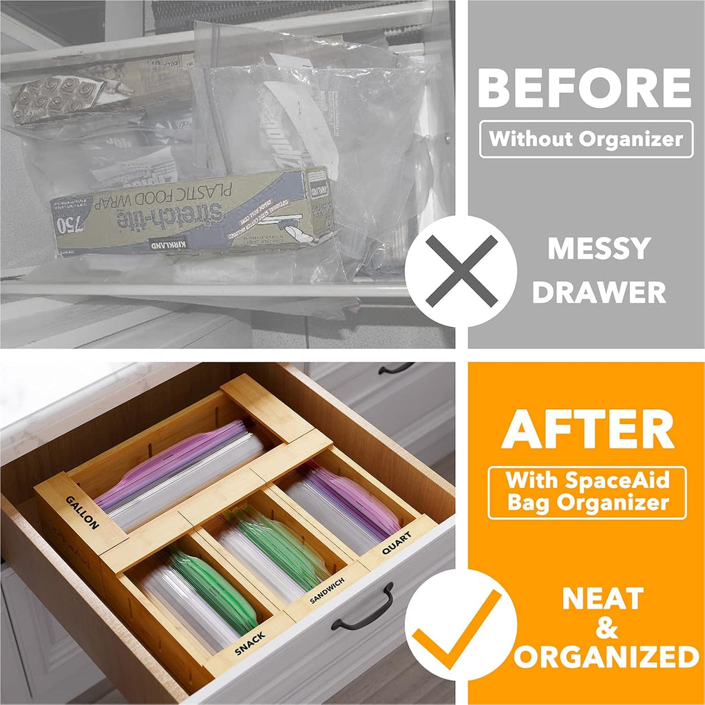 SpaceAid Organizador de almacenamiento de bolsas para cajón de cocina, Organizador de bambú, Compatible con galón, cuarto de galón, sándwiches y aperitivos, para bolsas de distintos tamaños (4