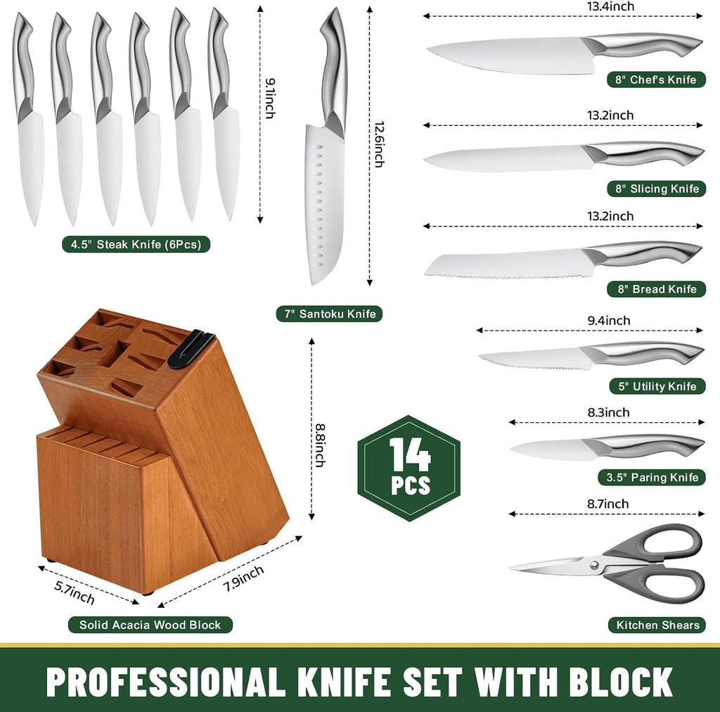 EWFEN - Juego de cuchillos de cocina de 14 piezas con bloque, cuchillos de acero inoxidable alemán con afilador de cuchillos integrado, juego de cuchillos afilados antideslizantes para cocina, apto para lavavajillas, mango curvado