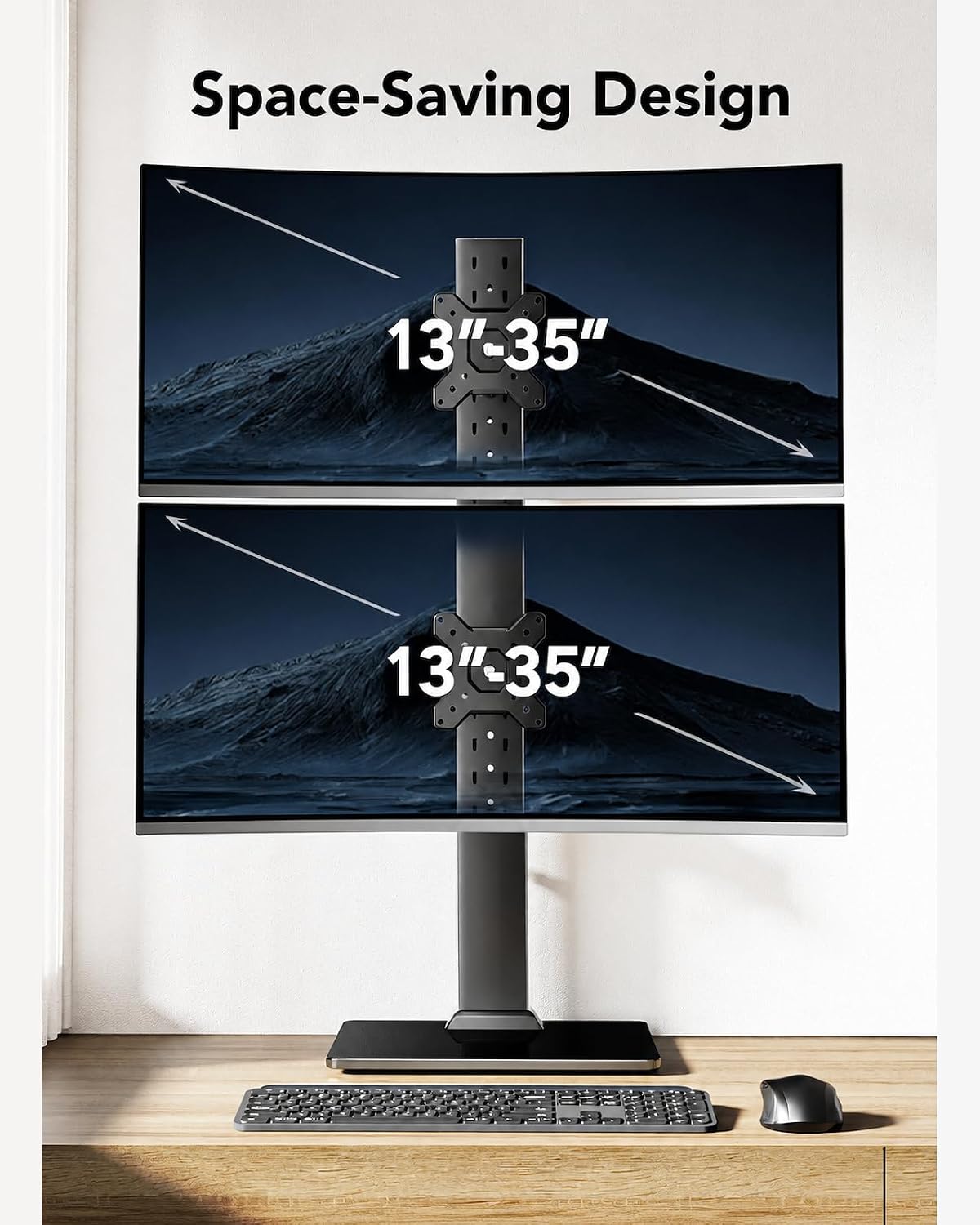 HUANUO Soporte de monitor doble para 13 a 34 pulgadas, carga máxima de 44 libras, soporte vertical para monitor, elevador de monitor independiente con giro, inclinación, rotación, 13 ajustes de altura, VESA máximo 100 x 100