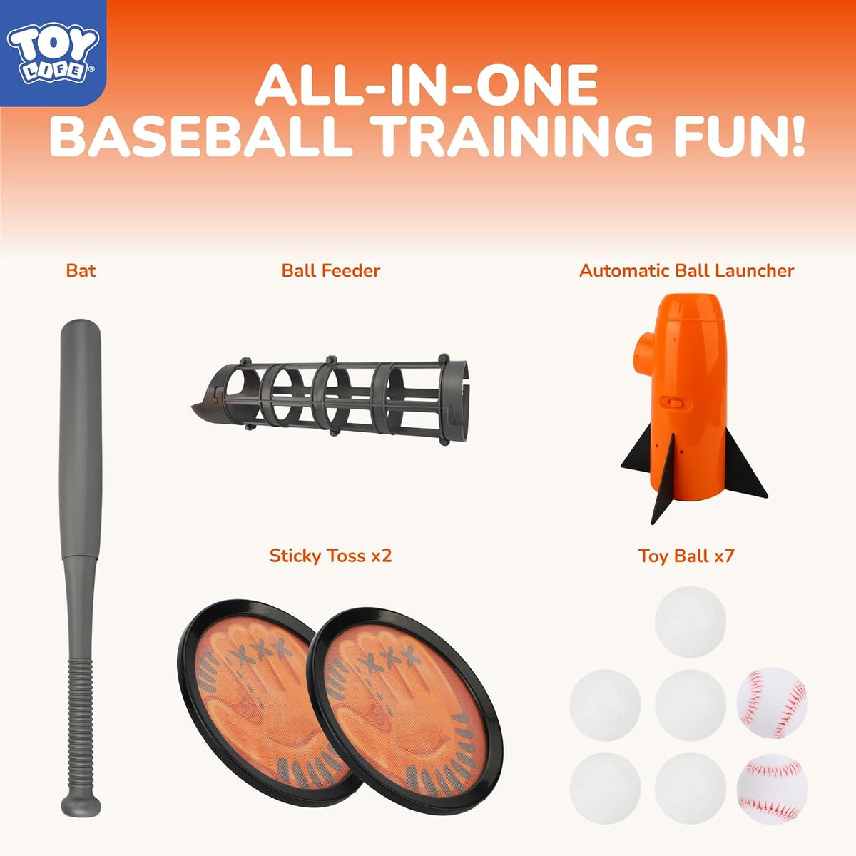 TOY Life Máquina de lanzamiento de béisbol para niños, juego de pelota de entrenamiento – Lanzador automático de máquina de lanzar para niños pequeños con 7 bolas, bate y guantes pegajosos | Juguete de béisbol Pop y Pitch para niños y niñas de 5 a 12 años