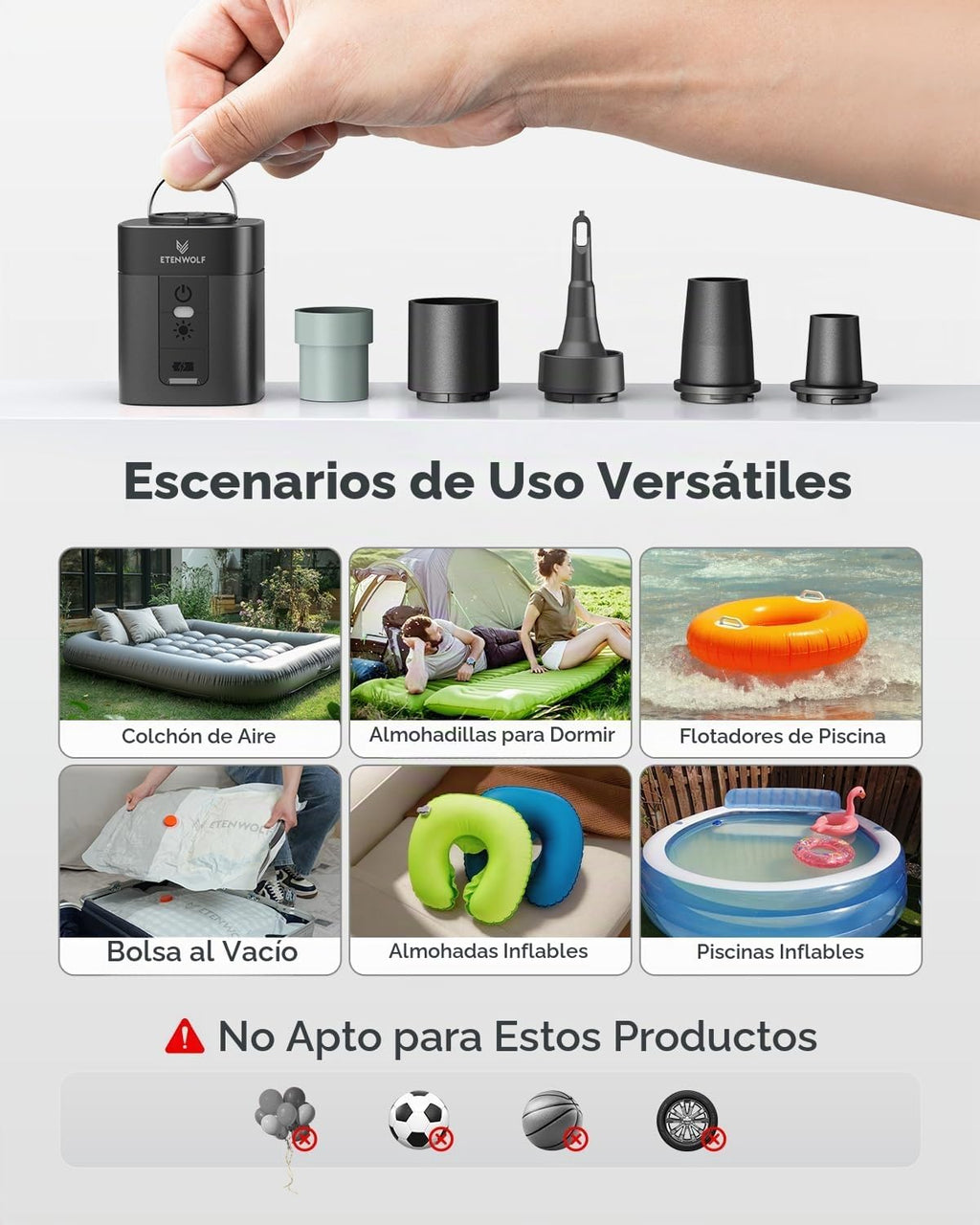 ETENWOLF AIR 3 Bomba de aire para inflables con batería de 2600 mAh y luz de campamento, bomba de aire eléctrica ultrarrápida y mini, desinfla para colchón de aire, flotadores de piscina, bolsas de