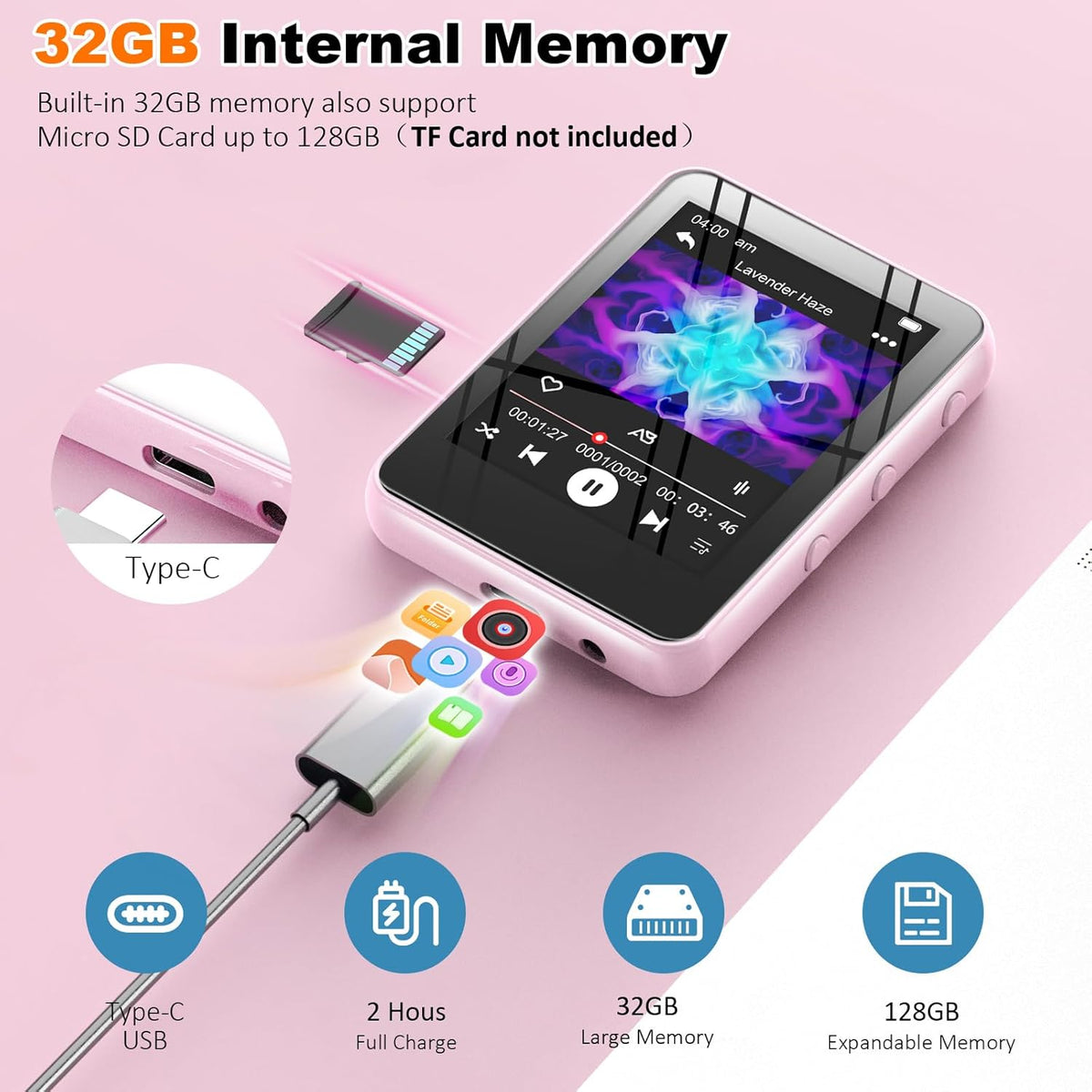 Reproductor de música MP3 con Bluetooth, almacenamiento de 32 GB, p...