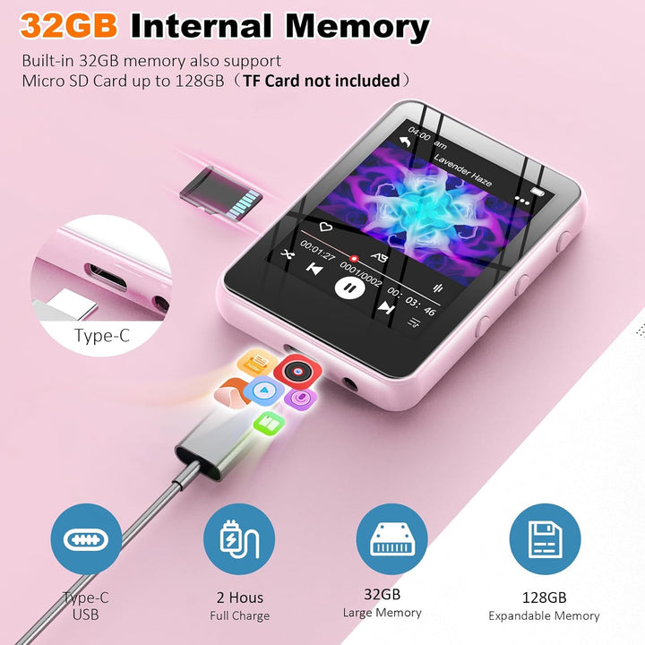 Reproductor de música MP3 con Bluetooth, almacenamiento de 32 GB, p...