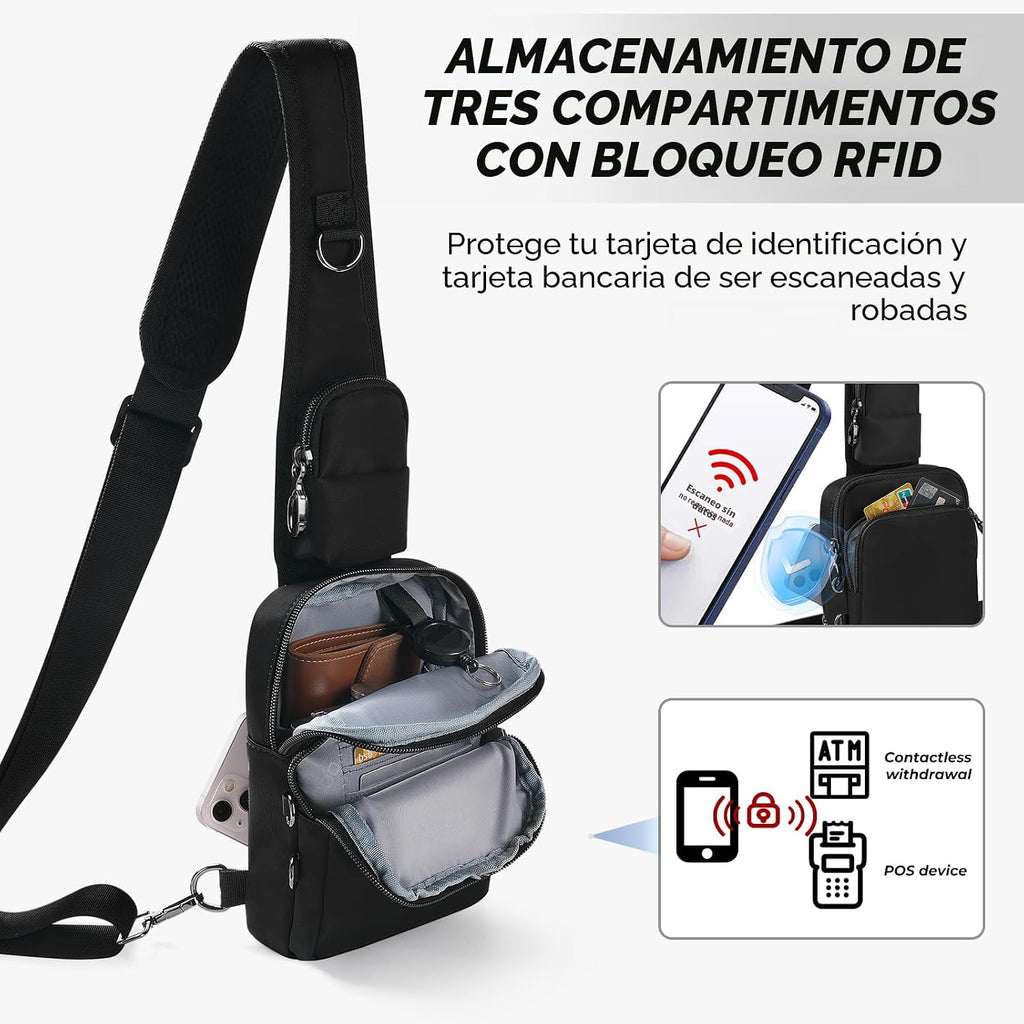 Bolsa cruzada antirrobo, bloqueo RFID, cierre de cremallera, tamaño pequeño