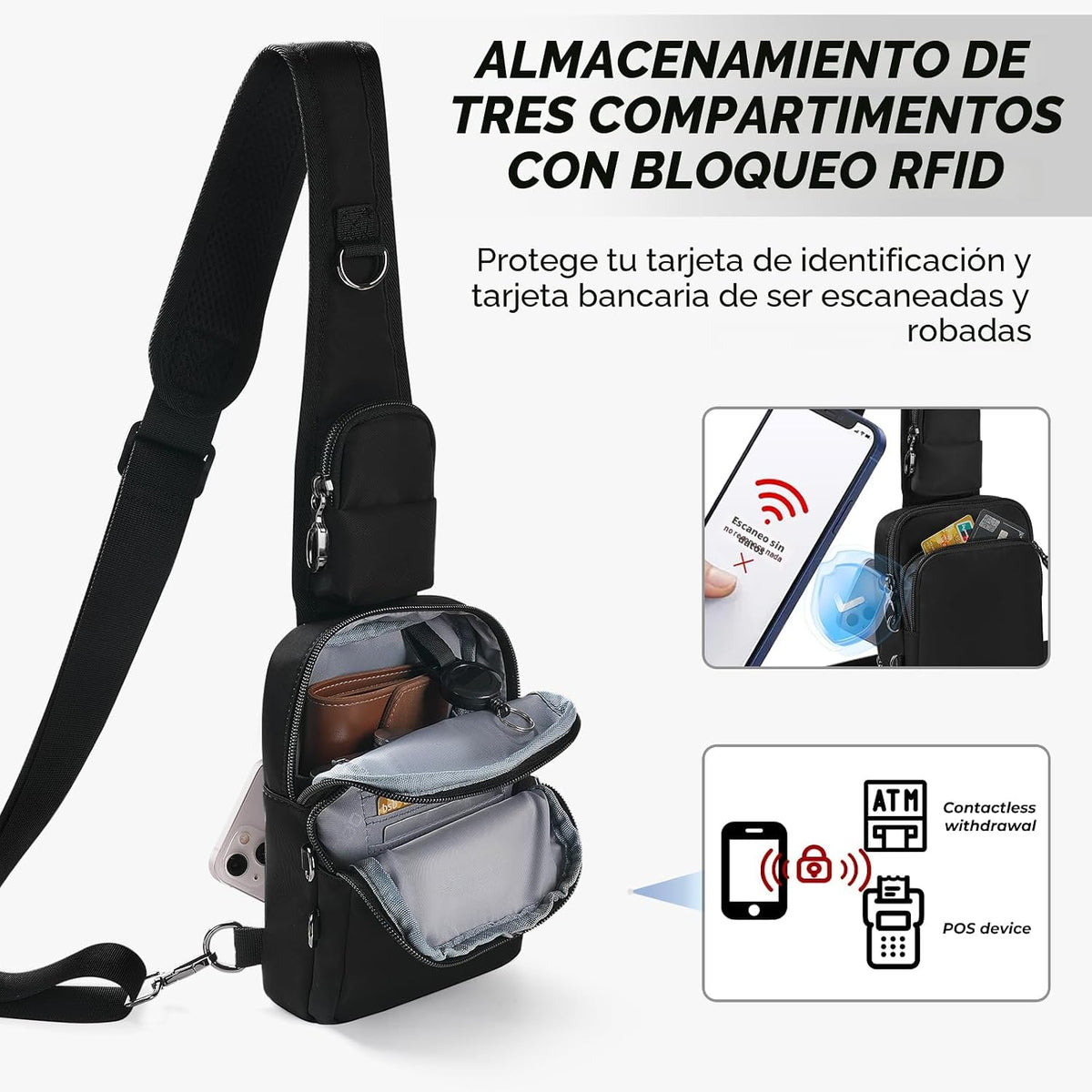Bolsa cruzada antirrobo, bloqueo RFID, cierre de cremallera, tamaño pequeño