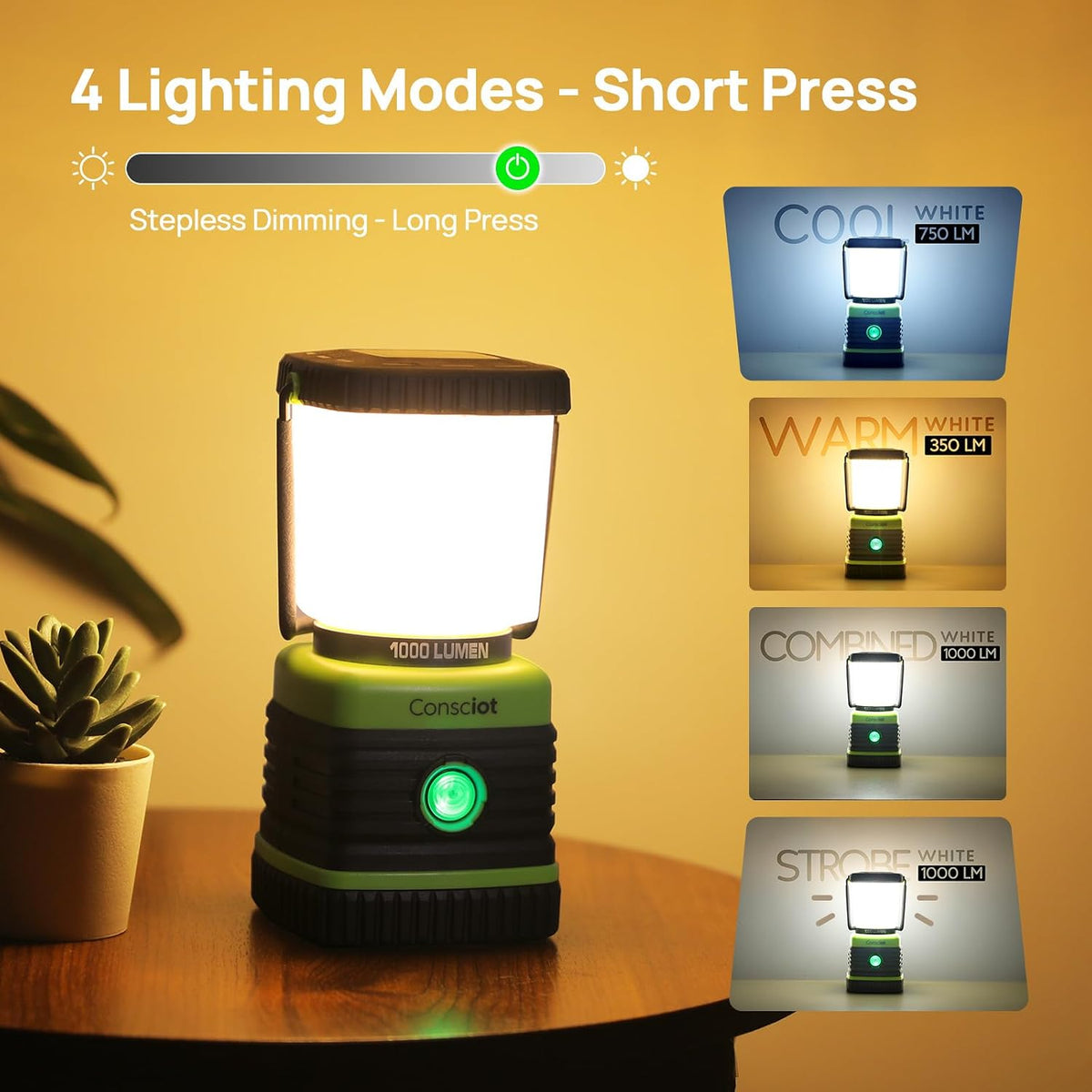 Lámpara Consciot Linterna de camping LED con pilas de 1000 lúmenes, 4 modos de luz