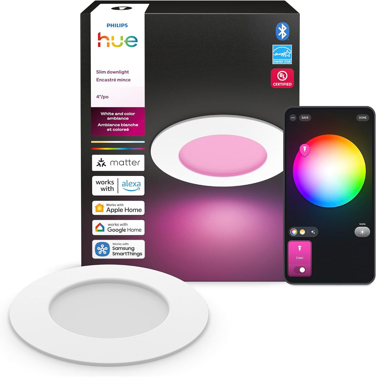 Lámpara Philips Hue Slim - Lámpara de techo LED empotrada, 1 unidad, color blanco