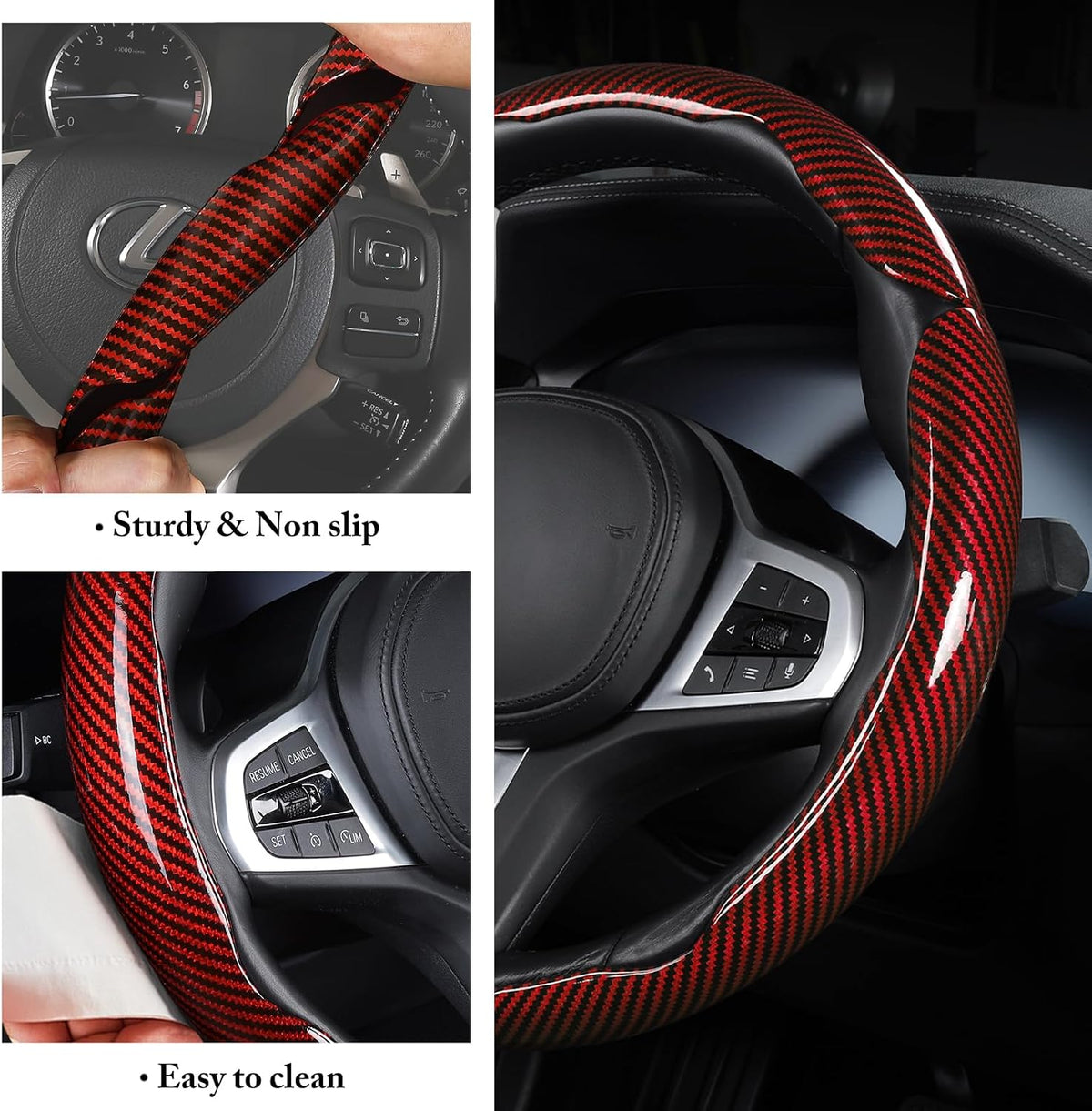 Funda de volante de fibra de carbono, juego de accesorios para volante de coche con ajuste de 3 piezas, protector antideslizante con agarre envolvente, universal, rojo brillante