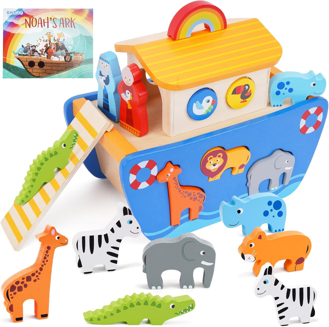 KMTJT Juego de animales de juguete de madera del arca de