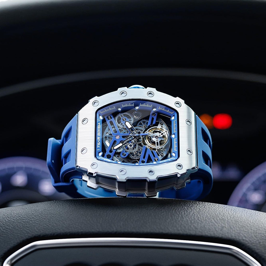 TSAR BOMBA Reloj de Lujo Masculino Automático 50M Resistente al Agua Movimiento Mecánico Japonés Caja de Acero Inoxidable Tonneau Cristal de Zafiro Esfera Grande Tipo Cool Moda Único Regalo para Hombre