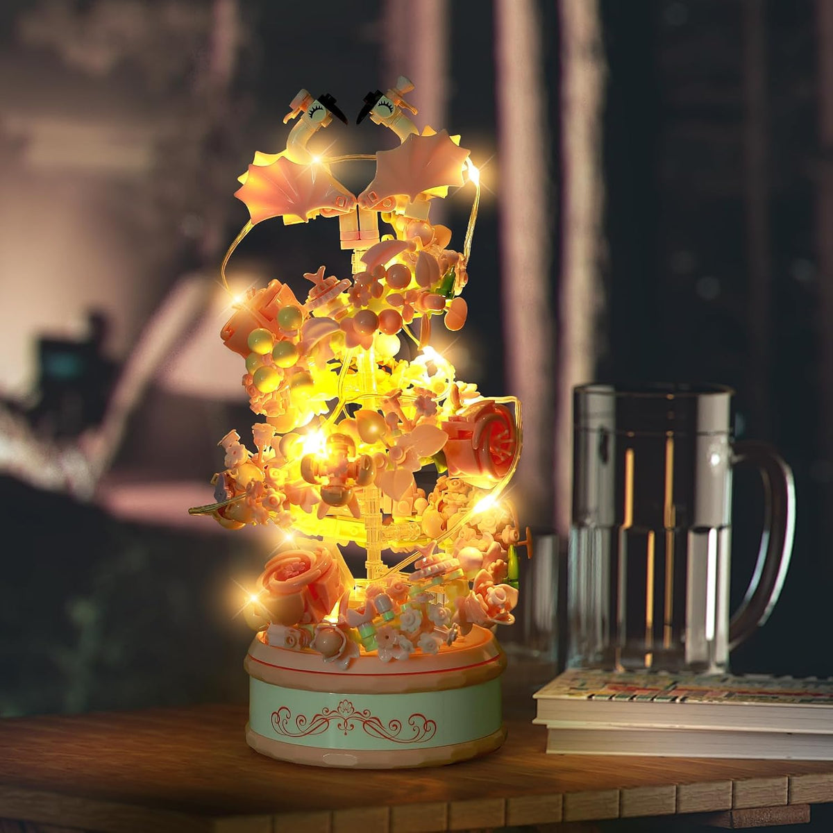 Kit de bloques de construcción de caja de música de flores con luz, 713 piezas, decoración giratoria, caja de música, colección botánica, día de la madre, regalos de cumpleaños para niñas, niños, adultos, niños a partir de 6 años