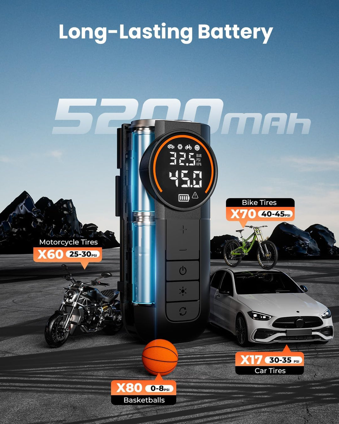 ETENWOLF S1 Compresor de aire portátil para inflar neumáticos, bomb...