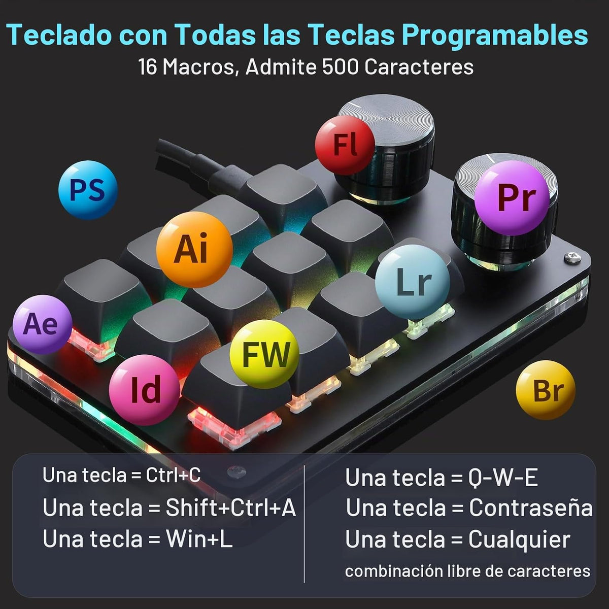 Koolertron Teclado programable macro, teclado mecánico programable con una mano, interruptor azul RGB intercambiable en caliente, 12 teclas 2 botones retroiluminado teclado para trabajar y jugar, negro