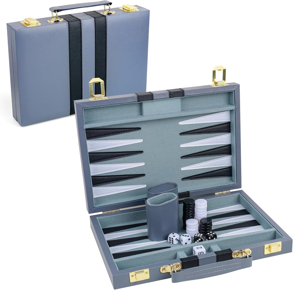 Backgammon - Juego de 2 jugadores clásico de backgammon para adultos, juego de mesa con funda de piel sintética, portátil y juego de backgammon de viaje (gris, 11 pulgadas)