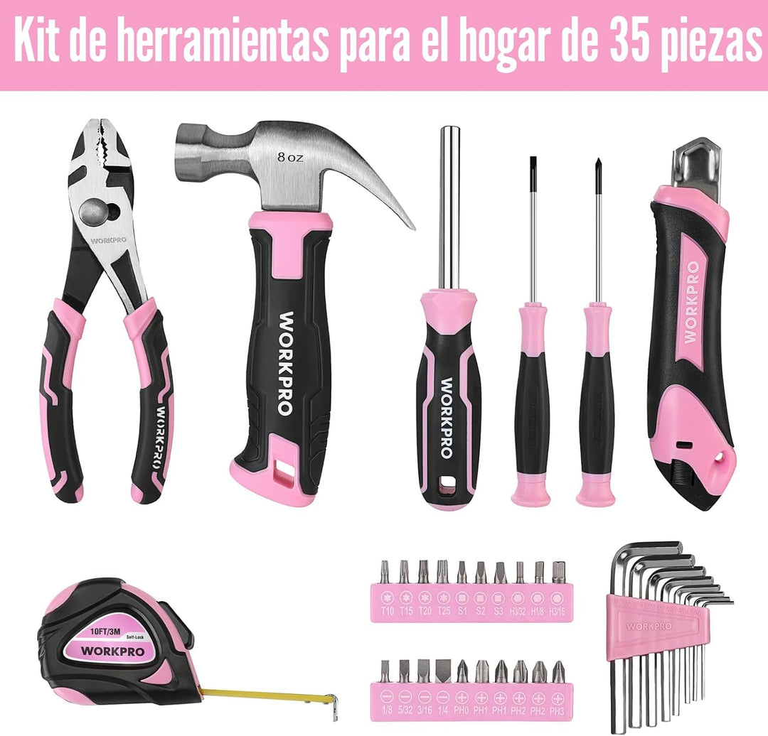 WORKPRO Juego de herramientas rosas de 35 piezas, kit de herramient...