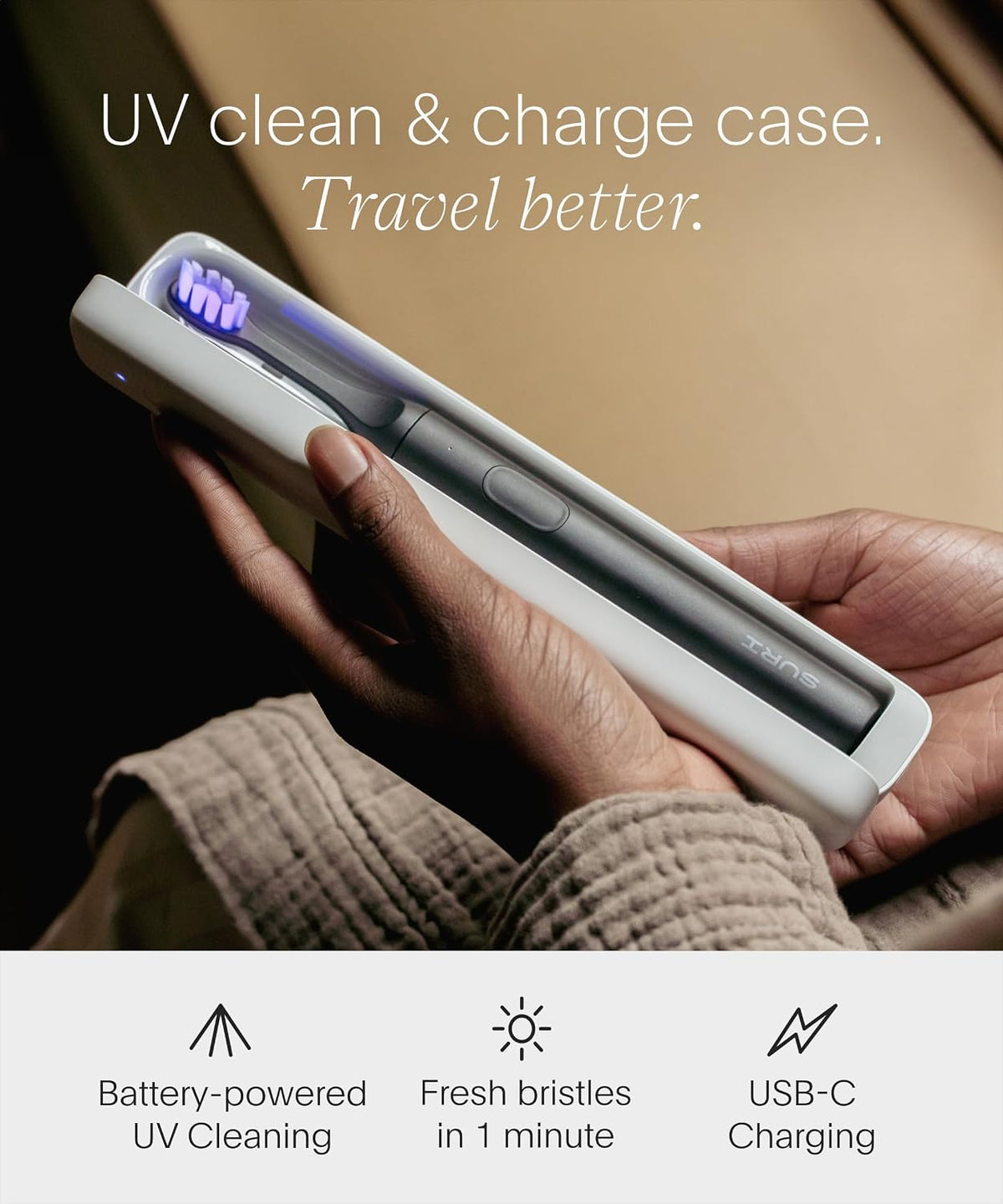 SURI Pro Sonic Cepillo de dientes eléctrico | Batería de más de 4 semanas | Estuche de viaje de limpieza UV | Sensor de presión | Cuerpo de aluminio | Temporizador de 2 minutos | Cabeza a base de