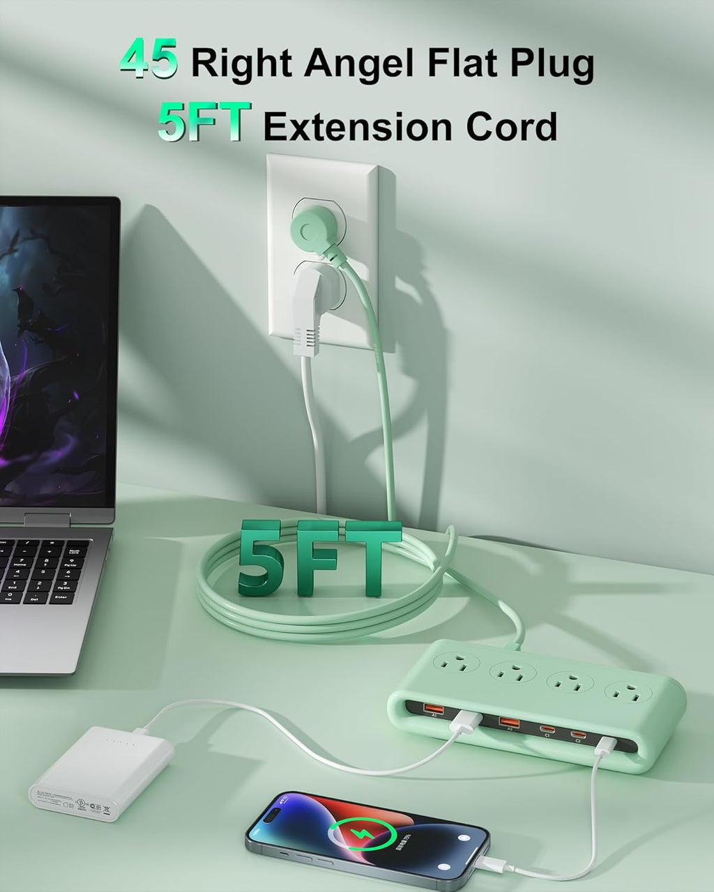 Regleta de alimentación con USB C de 35 W, cargador de pared de enchufe plano 10 en 1, cable de extensión de 5 pies con 4 CA, 3 USB A y 3 USB C, estación de carga PD20W para múltiples dispositivos