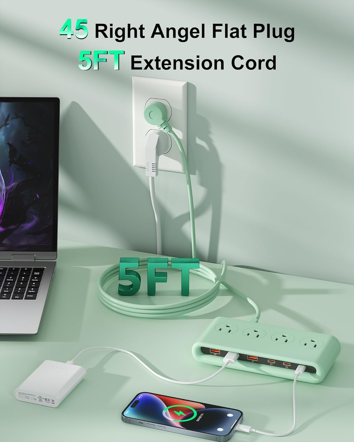 Regleta de alimentación con USB C de 35 W, cargador de pared de enchufe plano 10 en 1, cable de extensión de 5 pies con 4 CA, 3 USB A y 3 USB C, estación de carga PD20W para múltiples dispositivos