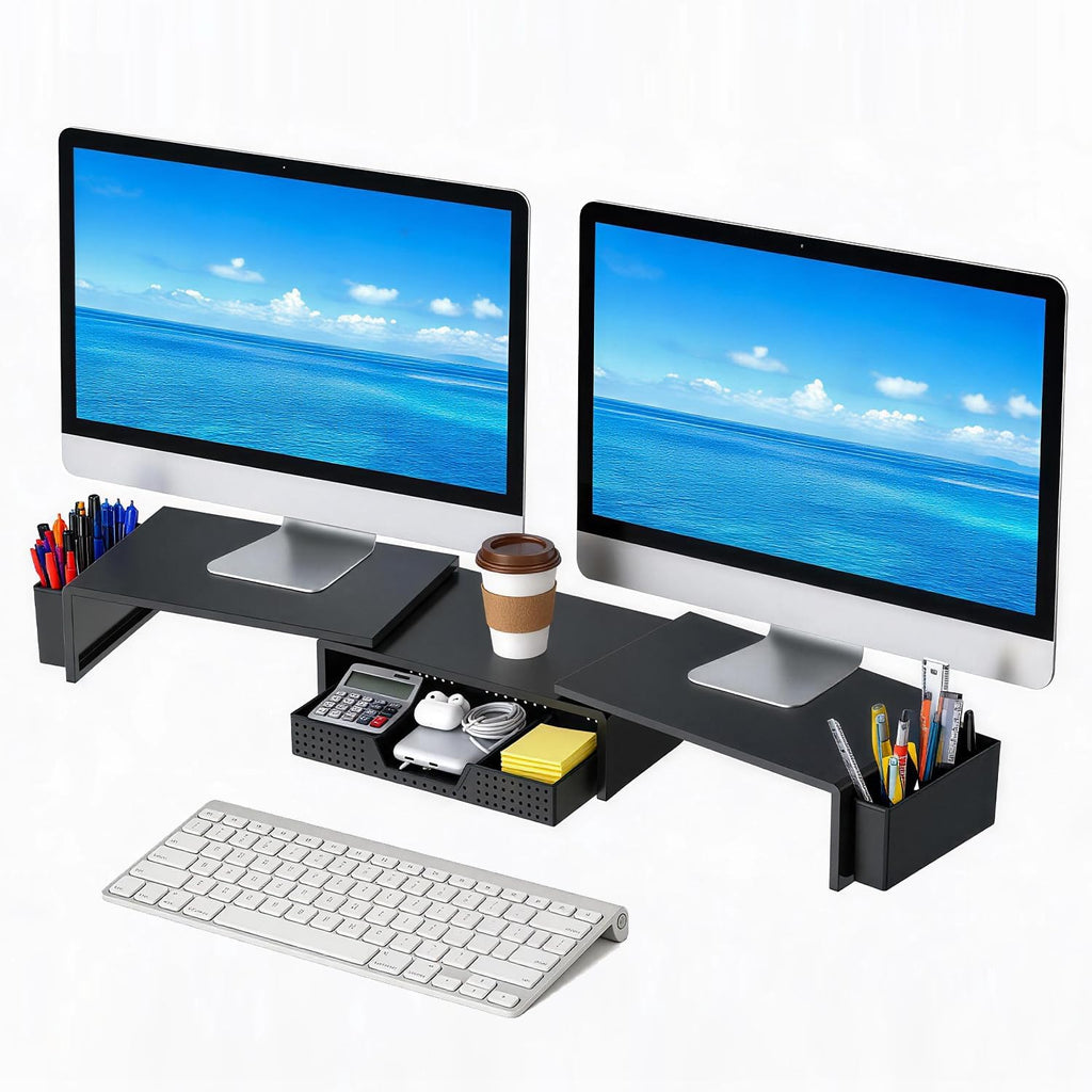 Soporte elevador para monitor doble con cajón y 2 soportes para