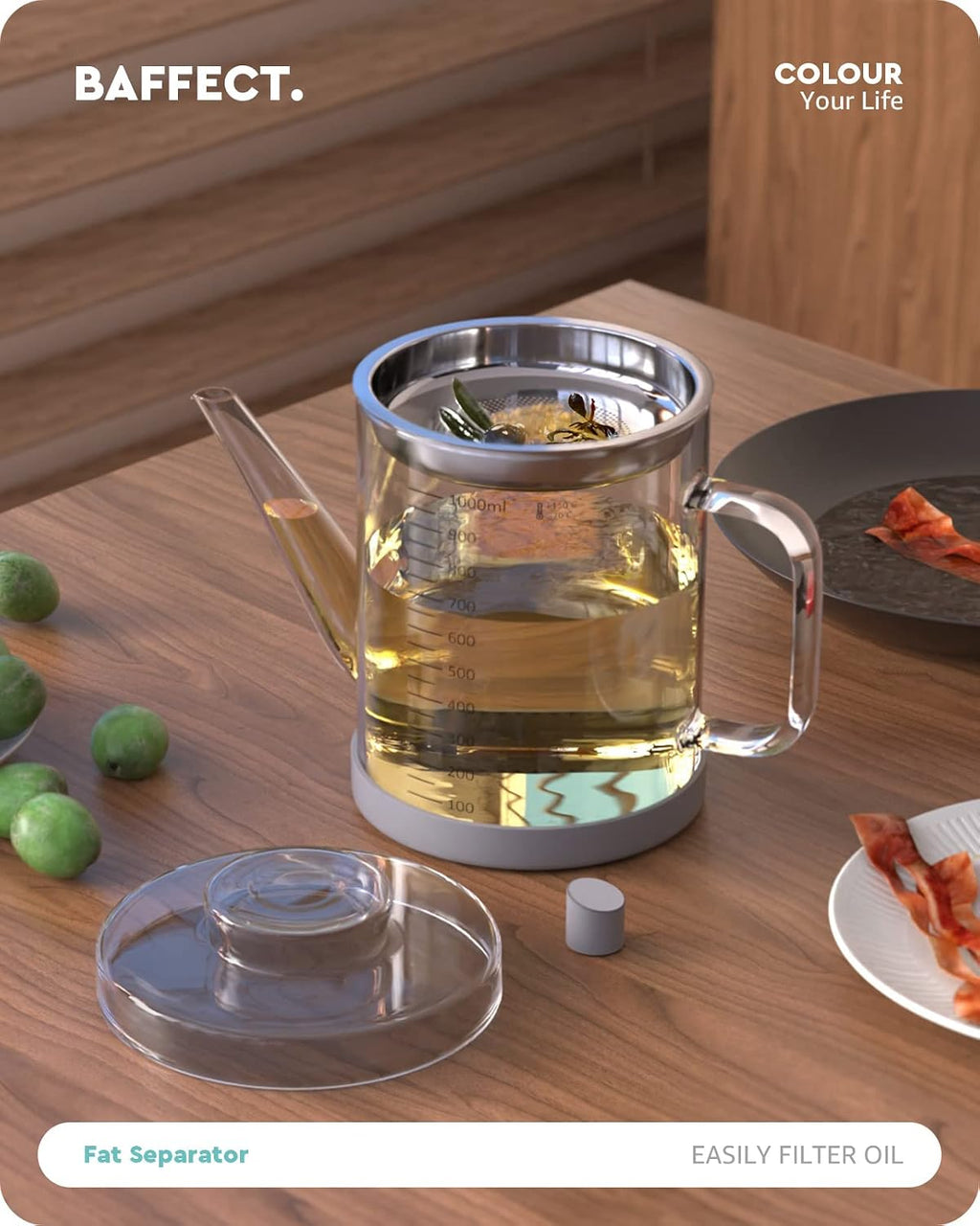Baffect Separador de Grasa de Vidrio, Recipiente para Grasa de Tocino con Colador, Lata de Almacenamiento de Aceite de Freír para Cocina (1L / 4 Tazas)
