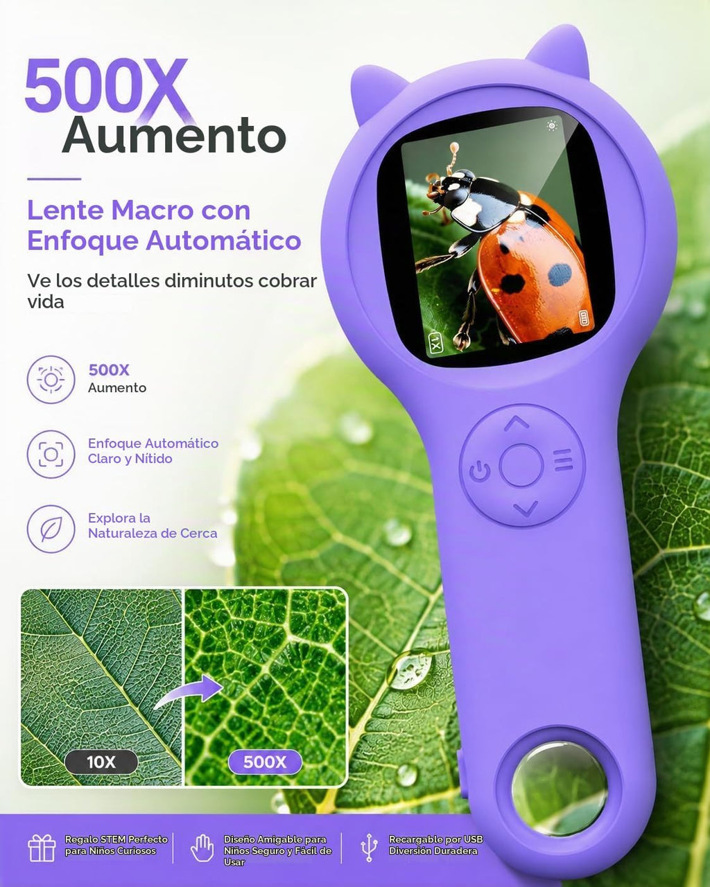 Microscopio para niños, lupa digital 500X, juguete para explorar STEM, color morado