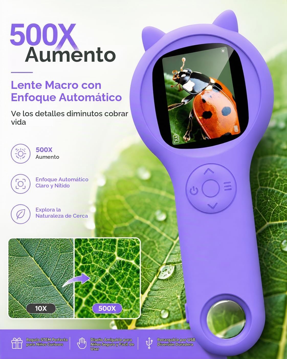 Microscopio para niños, lupa digital 500X, juguete para explorar STEM, color morado