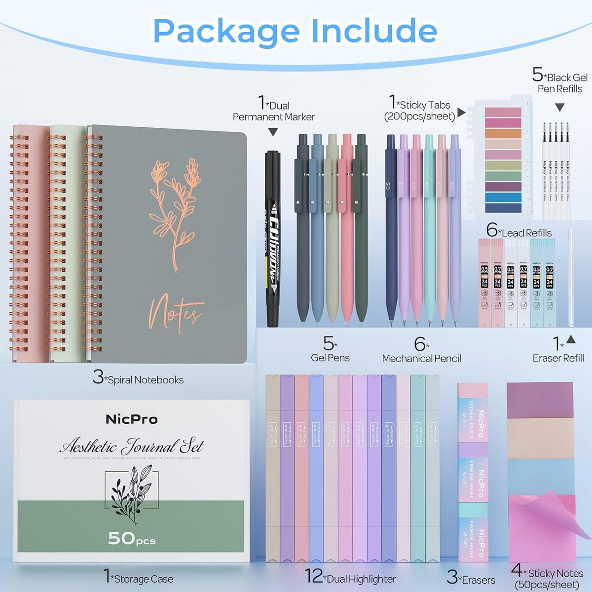 Nicpro 50PCS lindo espiral cuaderno estacionario conjunto para las mujeres