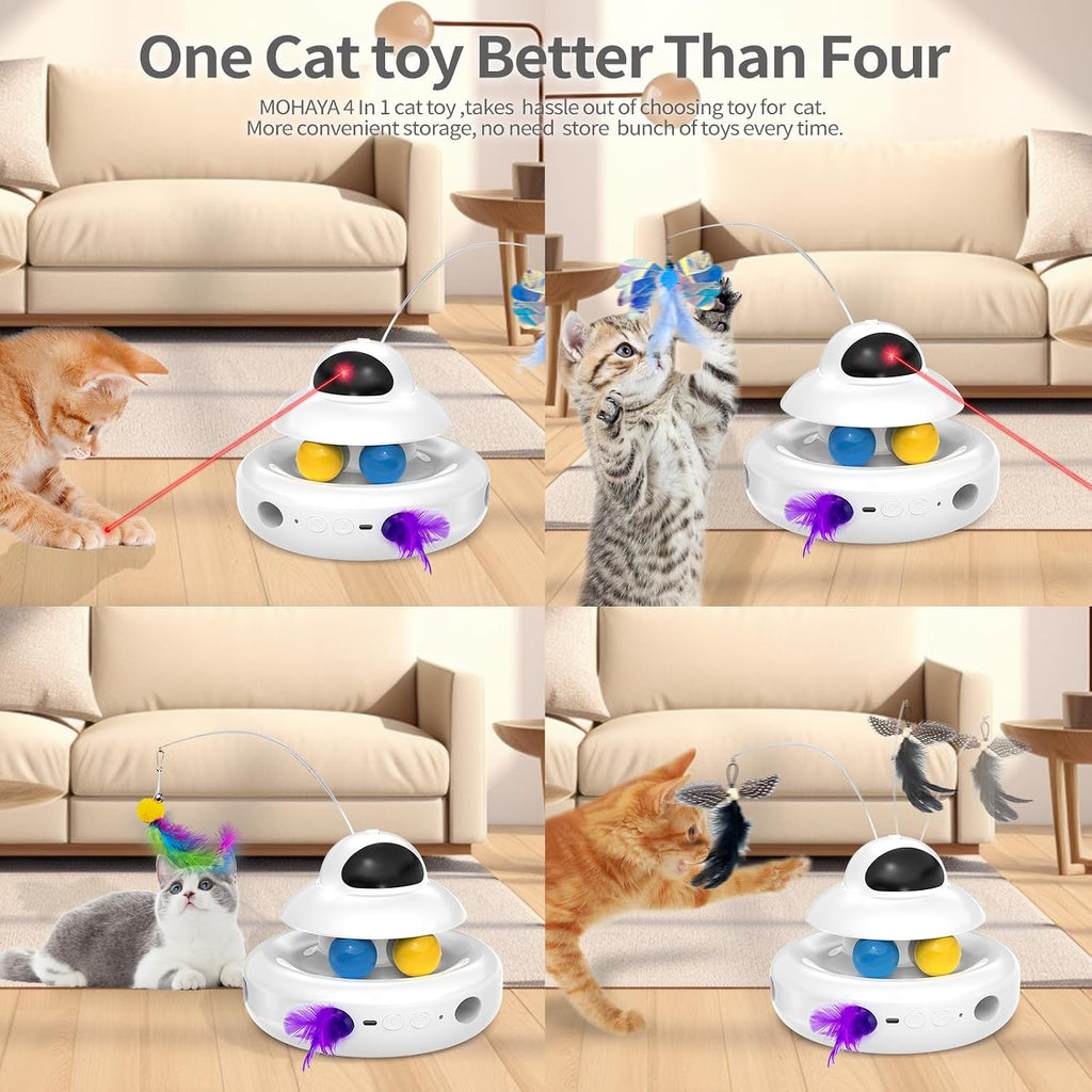 MOHAYA Juguetes para gatos, juguete interactivo 4 en 1 para gatos de interior con láser, mariposa aleteante, plumas en movimiento y bolas de pista, juguete para gatitos recargable por USB (blanco)