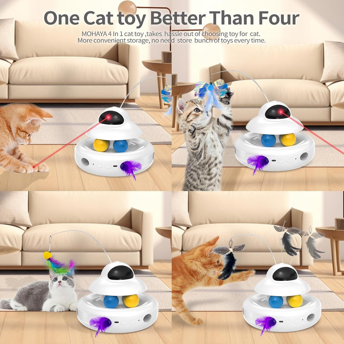MOHAYA Juguetes para gatos, juguete interactivo 4 en 1 para gatos de interior con láser, mariposa aleteante, plumas en movimiento y bolas de pista, juguete para gatitos recargable por USB (blanco)
