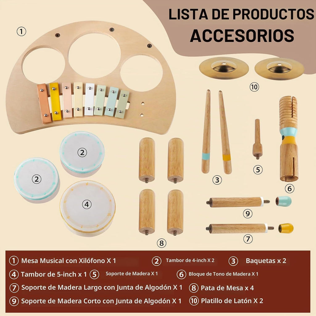 Juego de batería de madera para niños de 2 a 3 años Montessori Instrumentos Musicales Juguete