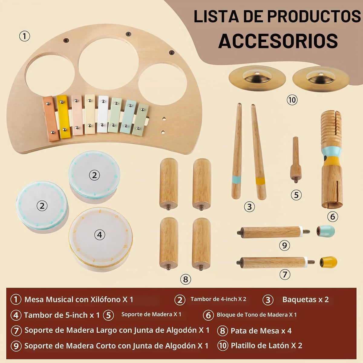 Juego de batería de madera para niños de 2 a 3 años Montessori Instrumentos Musicales Juguete
