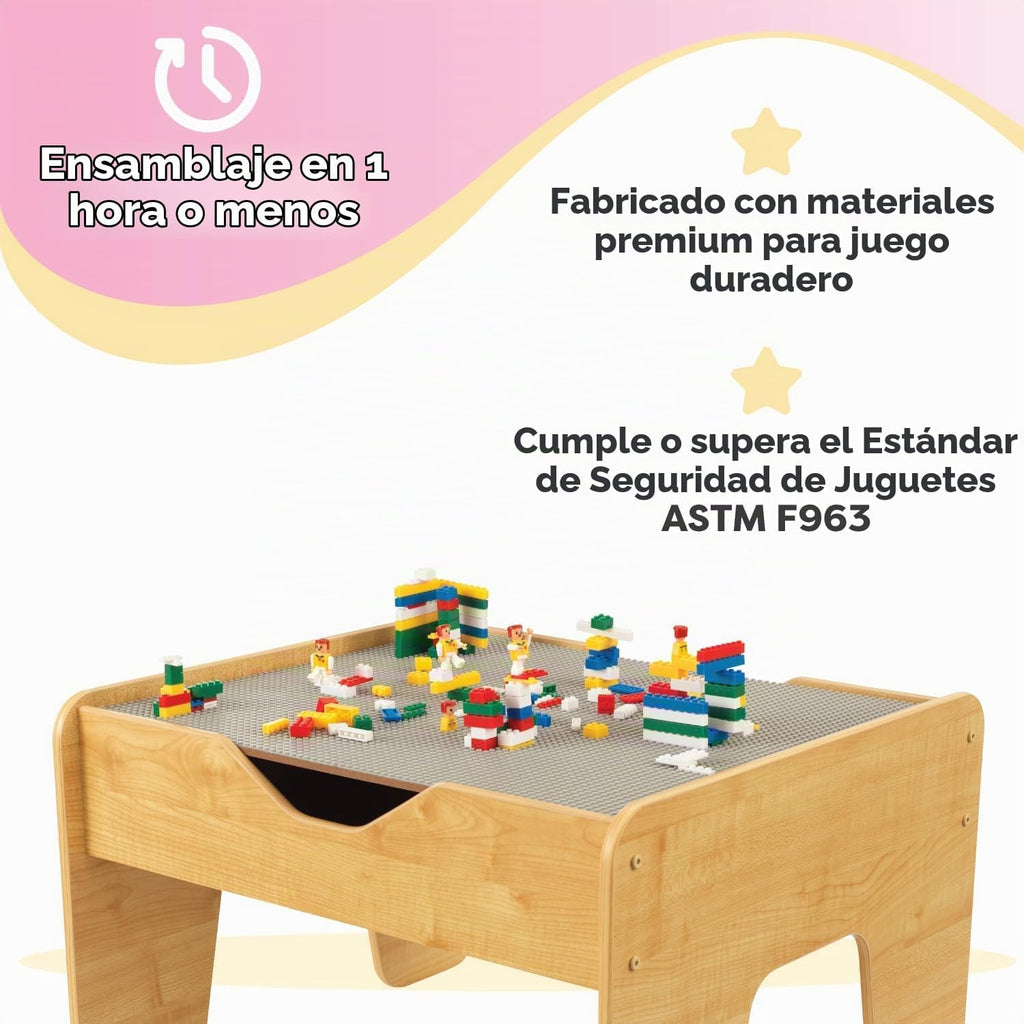 KidKraft Mesa de actividades reversible de madera con tabla con 195 ladrillos de construcción, gris y natural, regalo para mayores de 3 años