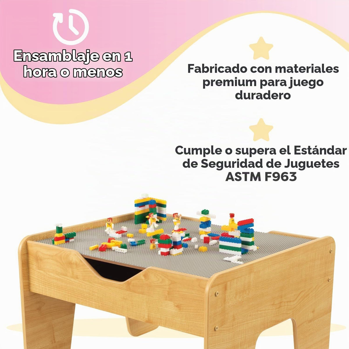 KidKraft Mesa de actividades reversible de madera con tabla con 195 ladrillos de construcción, gris y natural, regalo para mayores de 3 años